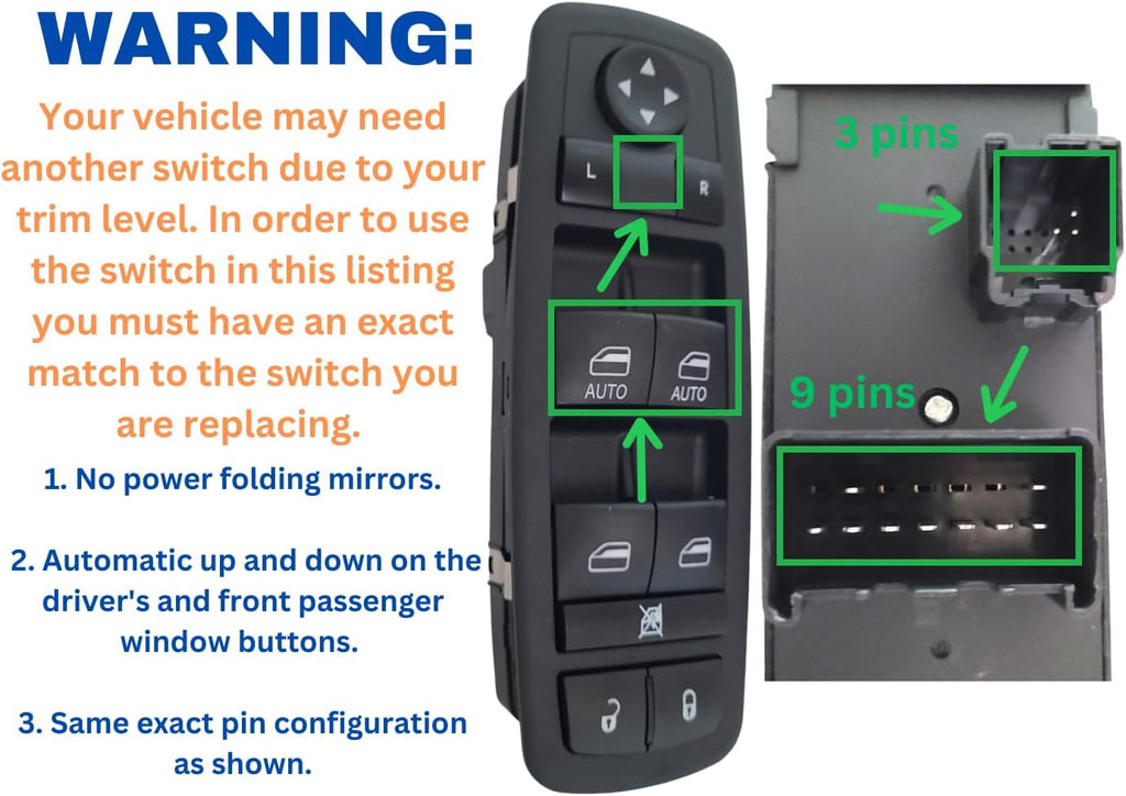 SWITCHDOCTOR Window Master Switch for 2013-2015 Ram; 2012-2016 Town & Country; 2012-2020 Grand Caravan (Ice Blue Glow Light, Crew Cab, Quad Cab)