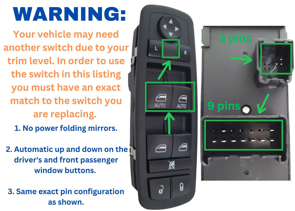 SWITCHDOCTOR Window Master Switch compatilbe with 2013-2015 Ram; 2012-2016 Town & Country; 2012-2020 Grand Caravan