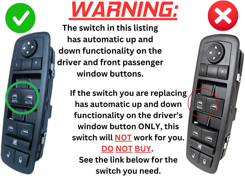 SWITCHDOCTOR Window Master Switch for 2008-2012 Liberty; 2008-2016 Chrysler Town & Country; 2008-2020 Dodge Grand Caravan; 2009-2010 Journey; 2007-2011 Nitro (Pin Check Required)