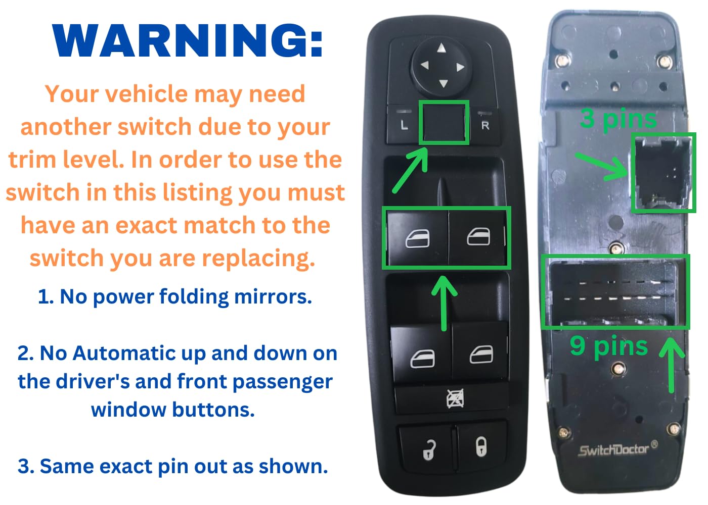 SWITCHDOCTOR Window Master Switch compatible with Dodge Grand Caravan 2008-2010 (1 Touch Up & Down)