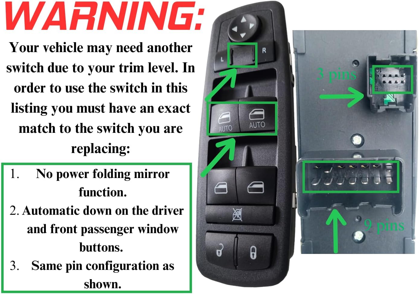 SWITCHDOCTOR Window Master Switch for 2012-2016 Chrysler Town & Country; 2012-2020 Dodge Grand Caravan; 2013-2015 Ram (Quad Cab, Crew, Van)