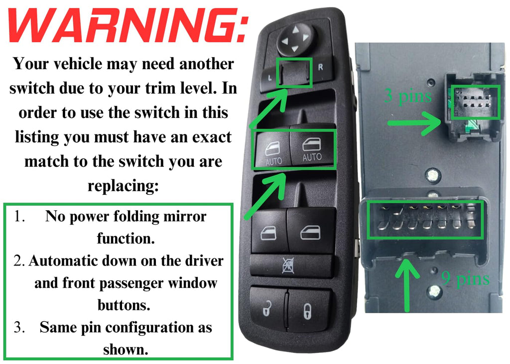SWITCHDOCTOR Window Master Switch compatible with 2012-2016 Town & Country; 2012-2020 Grand Caravan; 2013-2015 Ram; 2012 Ram C/V; 2015 Ram C/V;