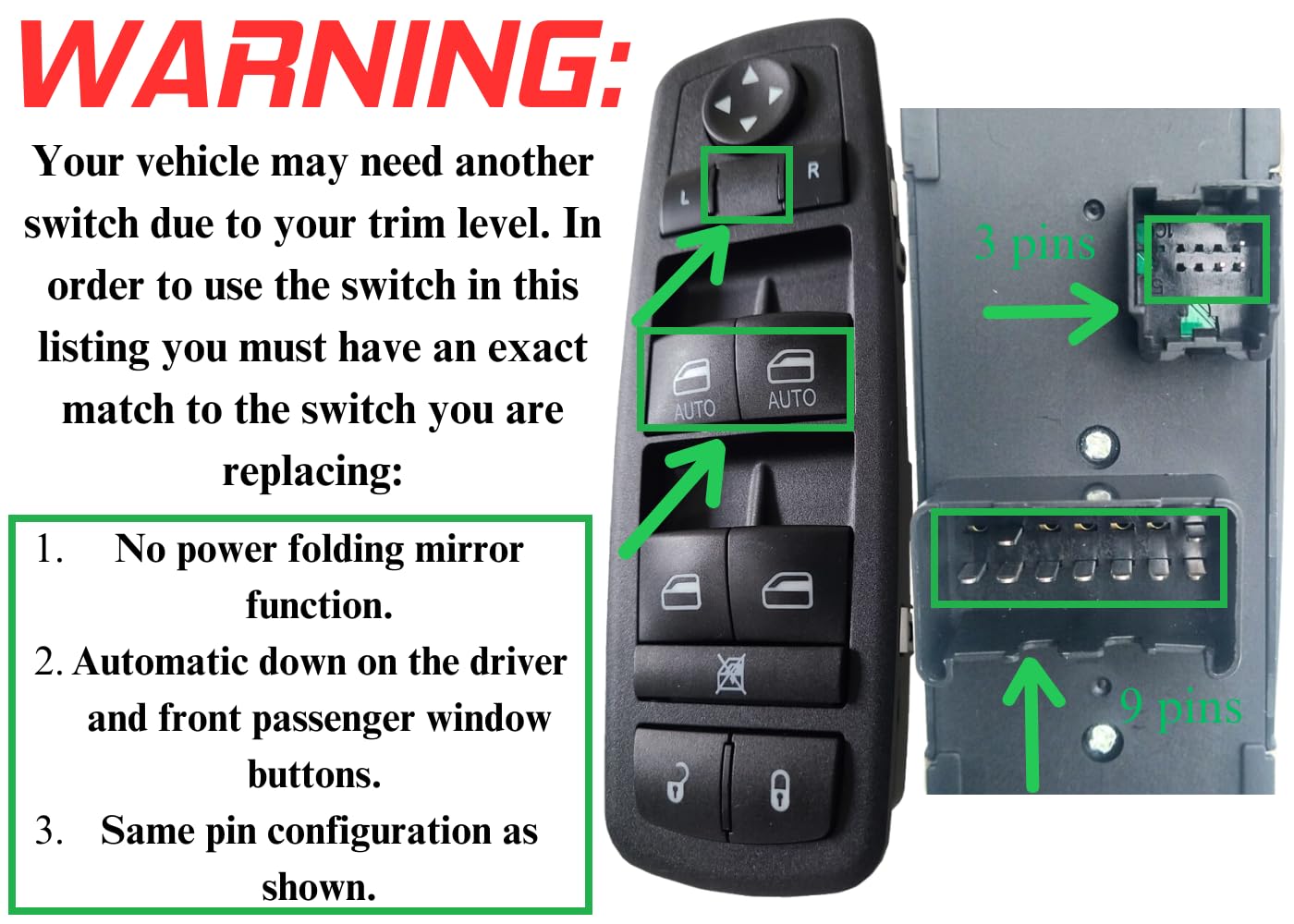 SWITCHDOCTOR Window Master Switch compatible with 2012-2016 Town & Country; 2012-2020 Grand Caravan; 2013-2015 Ram; 2012 Ram C/V; 2015 Ram C/V;