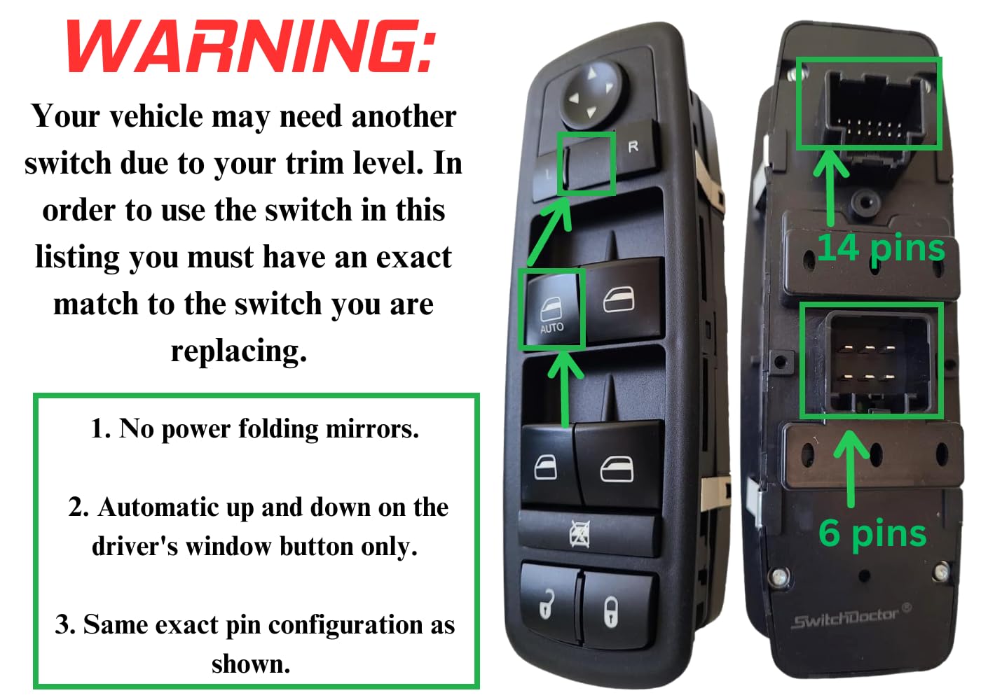 SWITCHDOCTOR Window Master Switch compatible with 2017-2022 Jeep Cherokee, 2018-2021 Pacifica, 2020-2021 Voyager, and 2017 200,